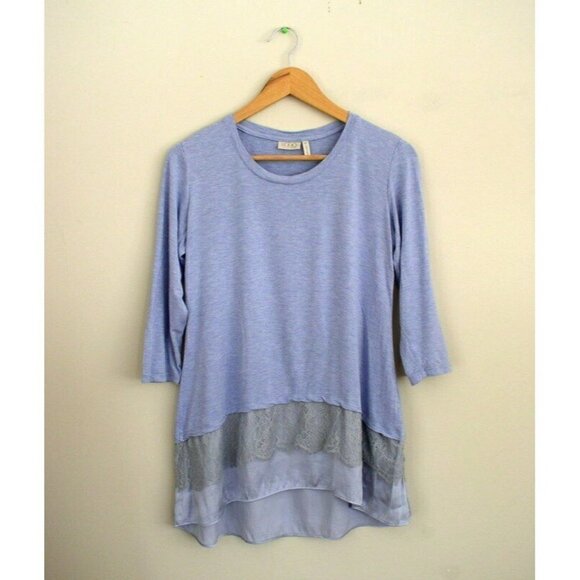 LOGO Lori Goldstein Blue Satin & Lace Hem Tunic SP - Picture 8 of 10